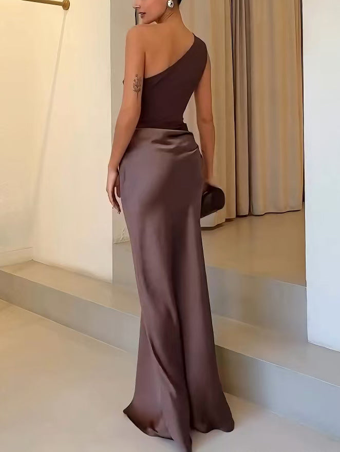 Garance – Robe maxi de soirée élégante plissée à une épaule femme