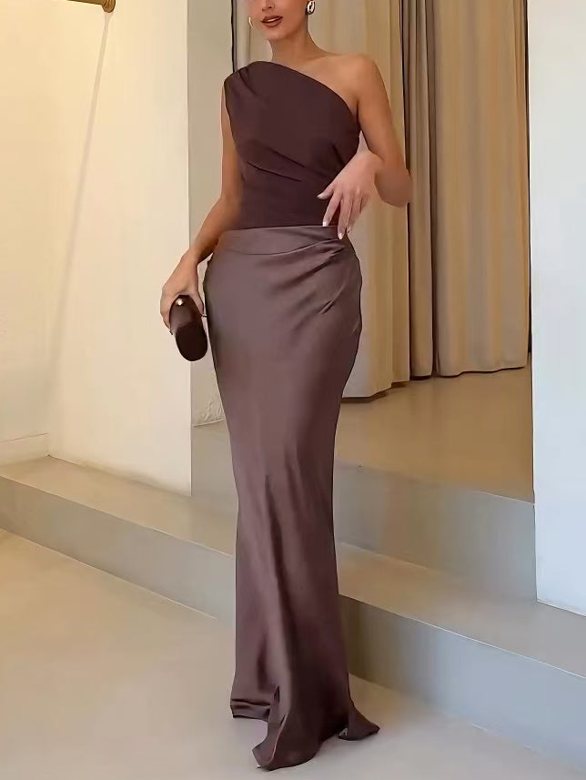 Garance – Robe maxi de soirée élégante plissée à une épaule femme