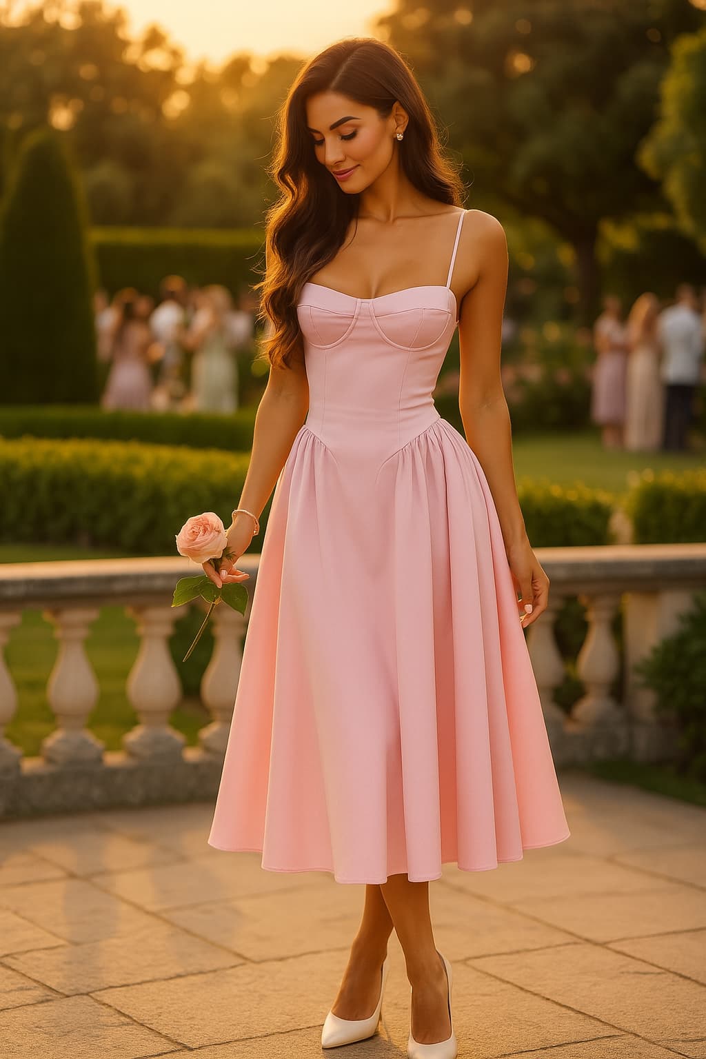 Clémence – Robe midi rose à corset et coupe A femme