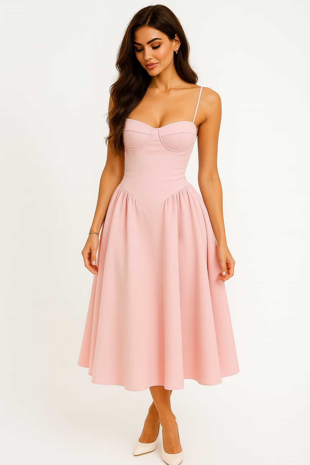 Clémence – Robe midi rose à corset et coupe A femme