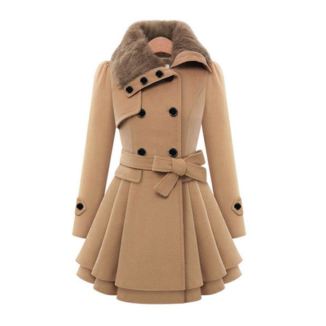 Manteau pour femme hiver élégant évasé double boutonnage en laine avec col en fausse fourrure Aurélie