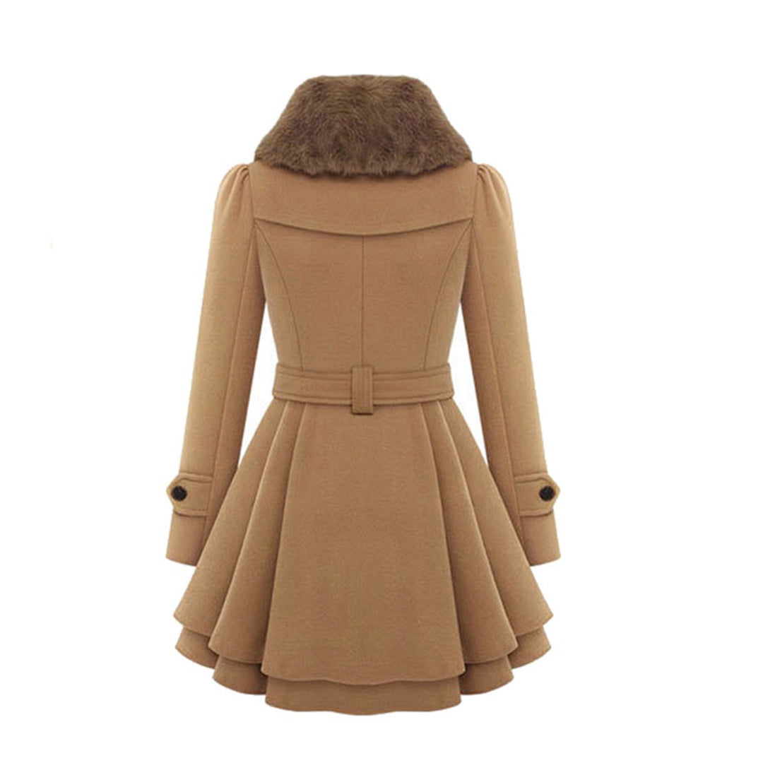 Manteau pour femme hiver élégant évasé double boutonnage en laine avec col en fausse fourrure Aurélie