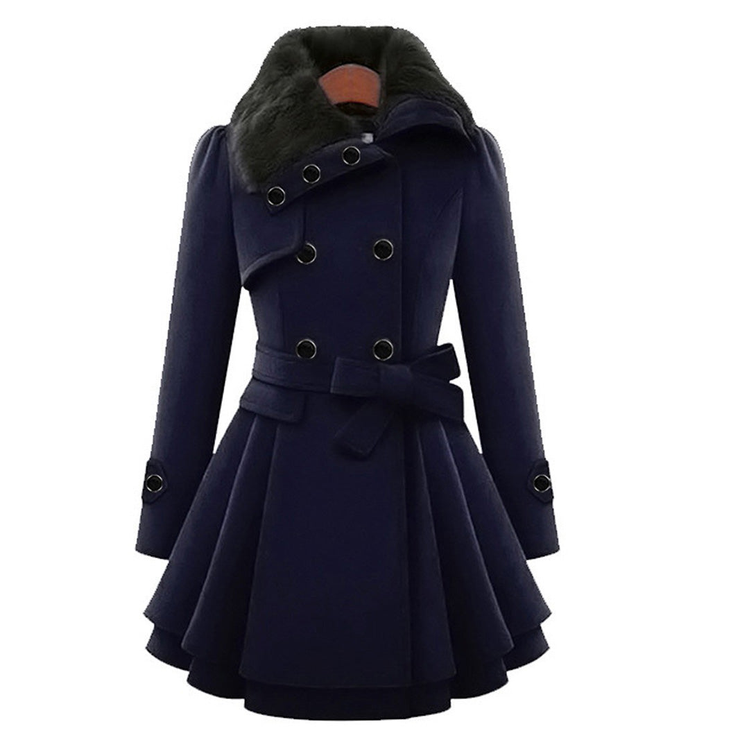 Manteau pour femme hiver élégant évasé double boutonnage en laine avec col en fausse fourrure Aurélie