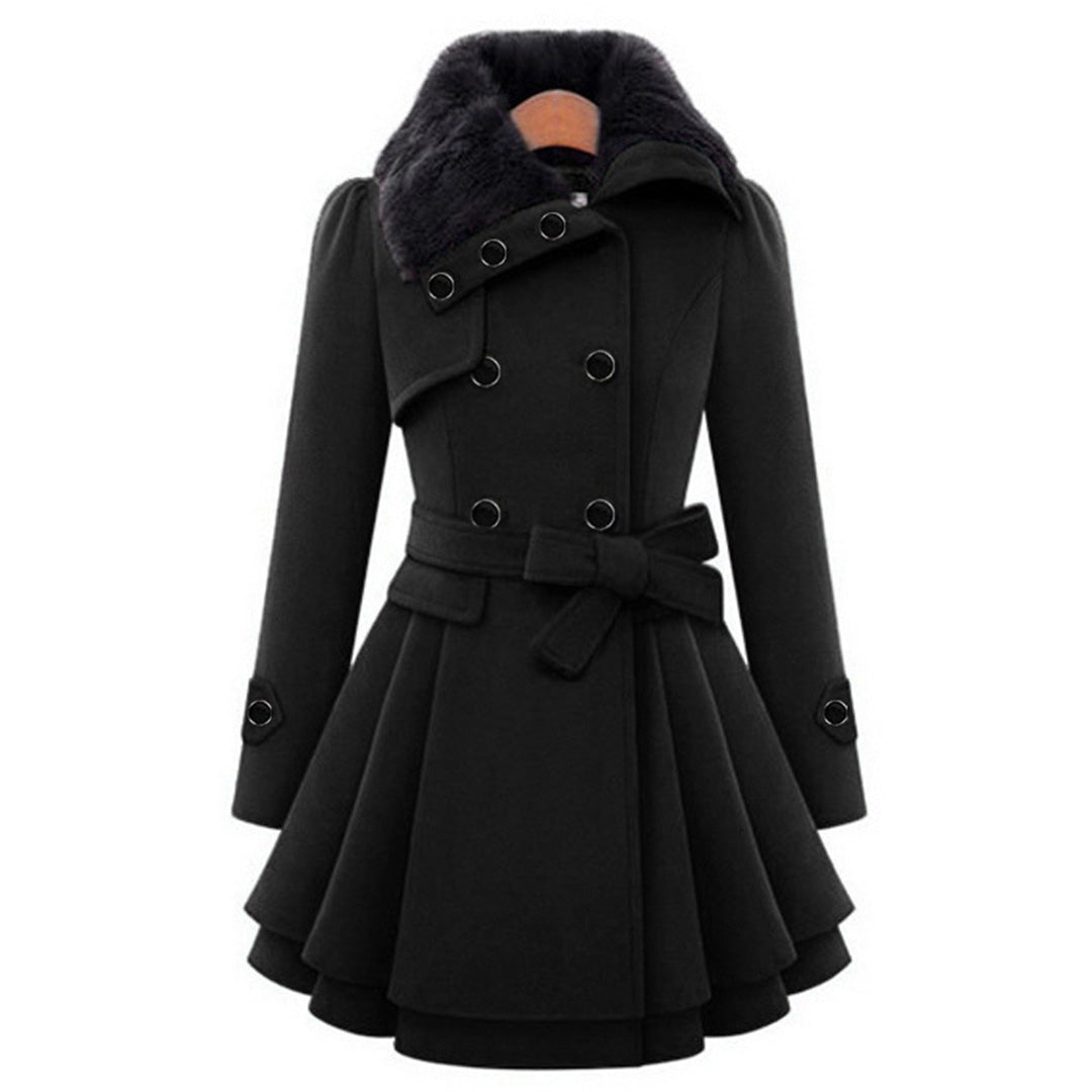 Manteau pour femme hiver élégant évasé double boutonnage en laine avec col en fausse fourrure Aurélie
