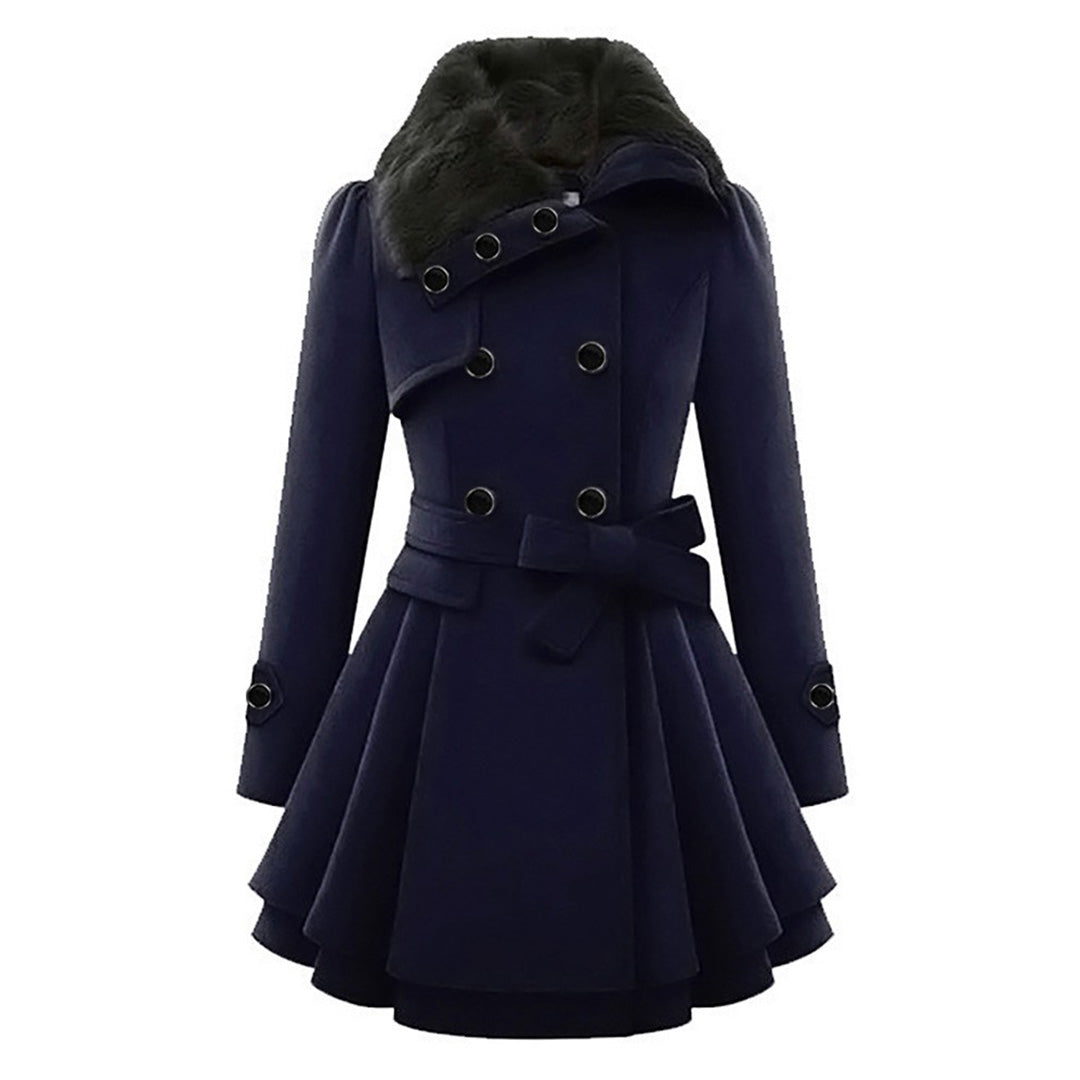 Manteau pour femme hiver élégant évasé double boutonnage en laine avec col en fausse fourrure Aurélie