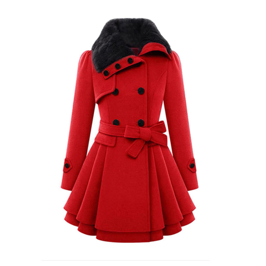 Manteau pour femme hiver élégant évasé double boutonnage en laine avec col en fausse fourrure Aurélie