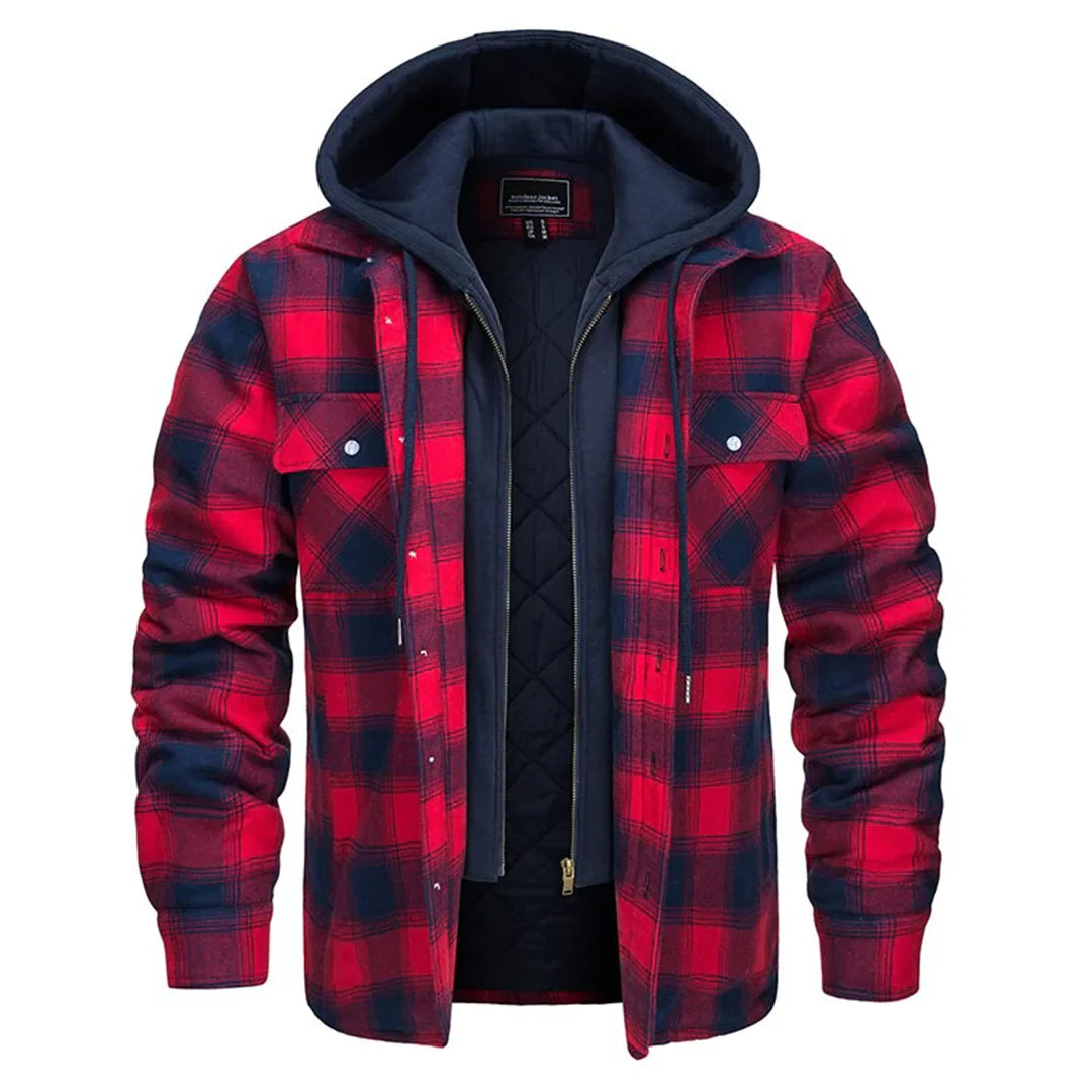 Veste à carreaux pour homme hiver chaude doublée avec capuche amovible Florian