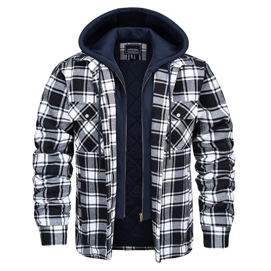 Veste à carreaux pour homme hiver chaude doublée avec capuche amovible Florian