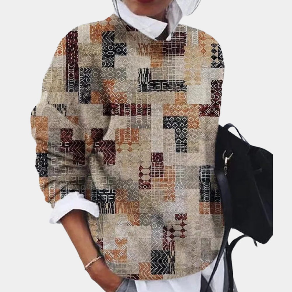 Pull pour femme automne à imprimé graphique ethnique col rond à coupe décontractée Febe