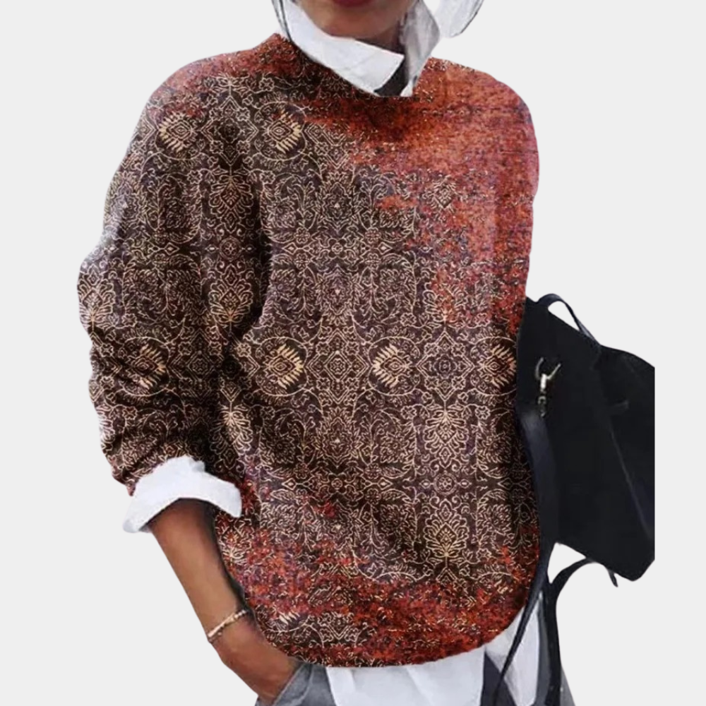 Pull pour femme automne à imprimé graphique ethnique col rond à coupe décontractée Febe