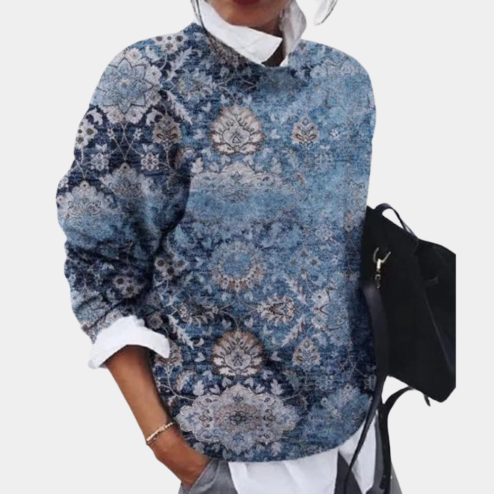 Pull pour femme automne à imprimé graphique ethnique col rond à coupe décontractée Febe