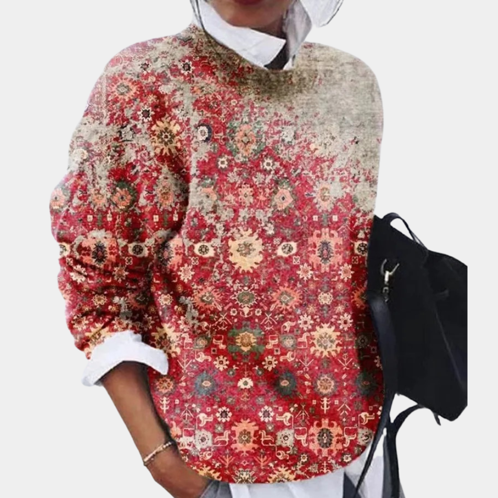 Pull pour femme automne à imprimé graphique ethnique col rond à coupe décontractée Febe