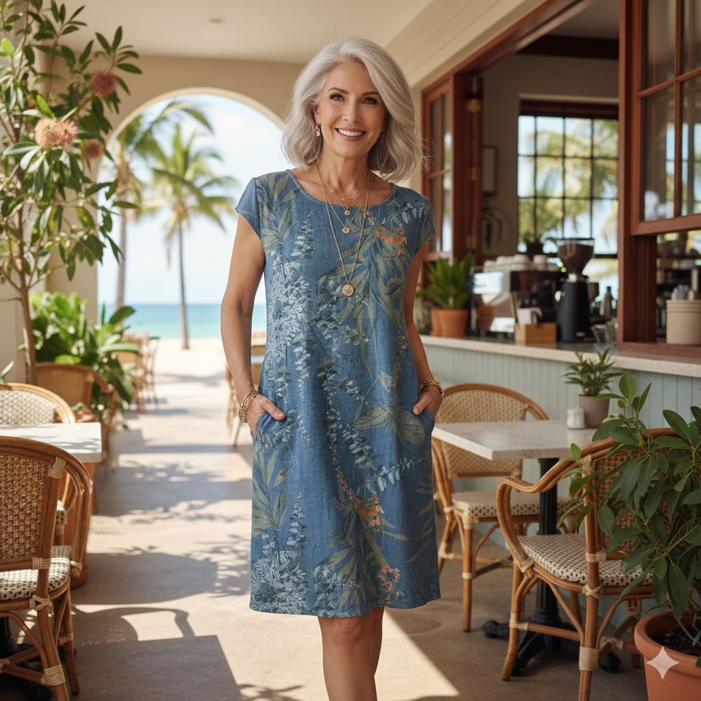 Robe midi rayée à col rond et manches courtes