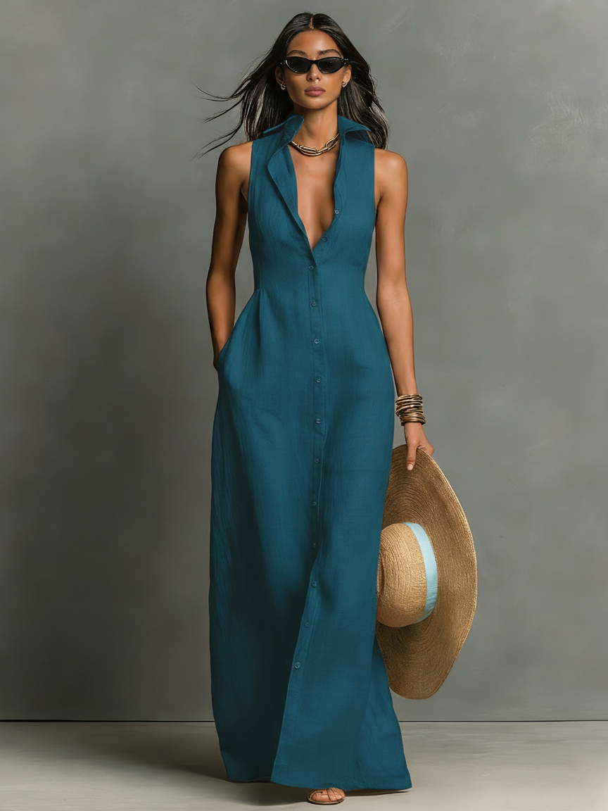 Rose – Robe chemise maxi sans manches en lin mélangé à col femme