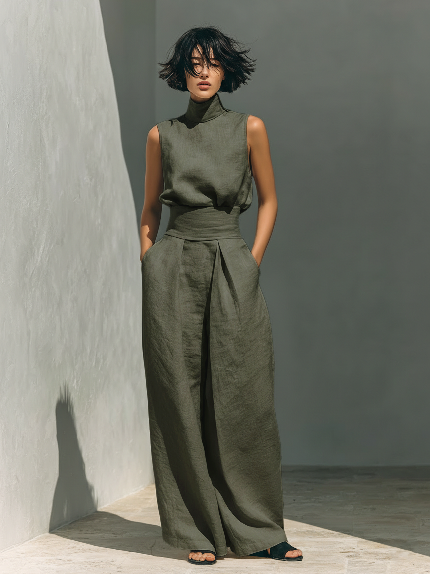 Léa – Ensemble deux pièces en lin avec blouse sans manches et pantalon large femme