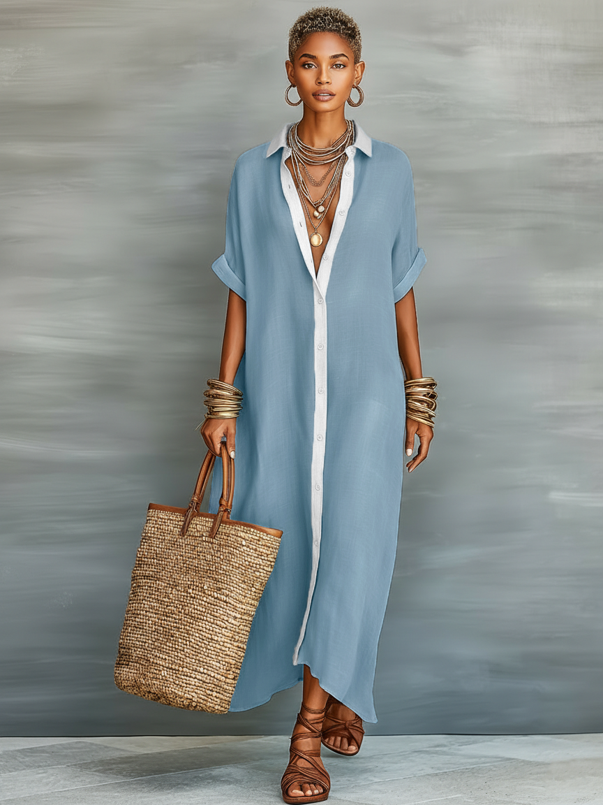 Coline – Robe chemise maxi à manches courtes femme
