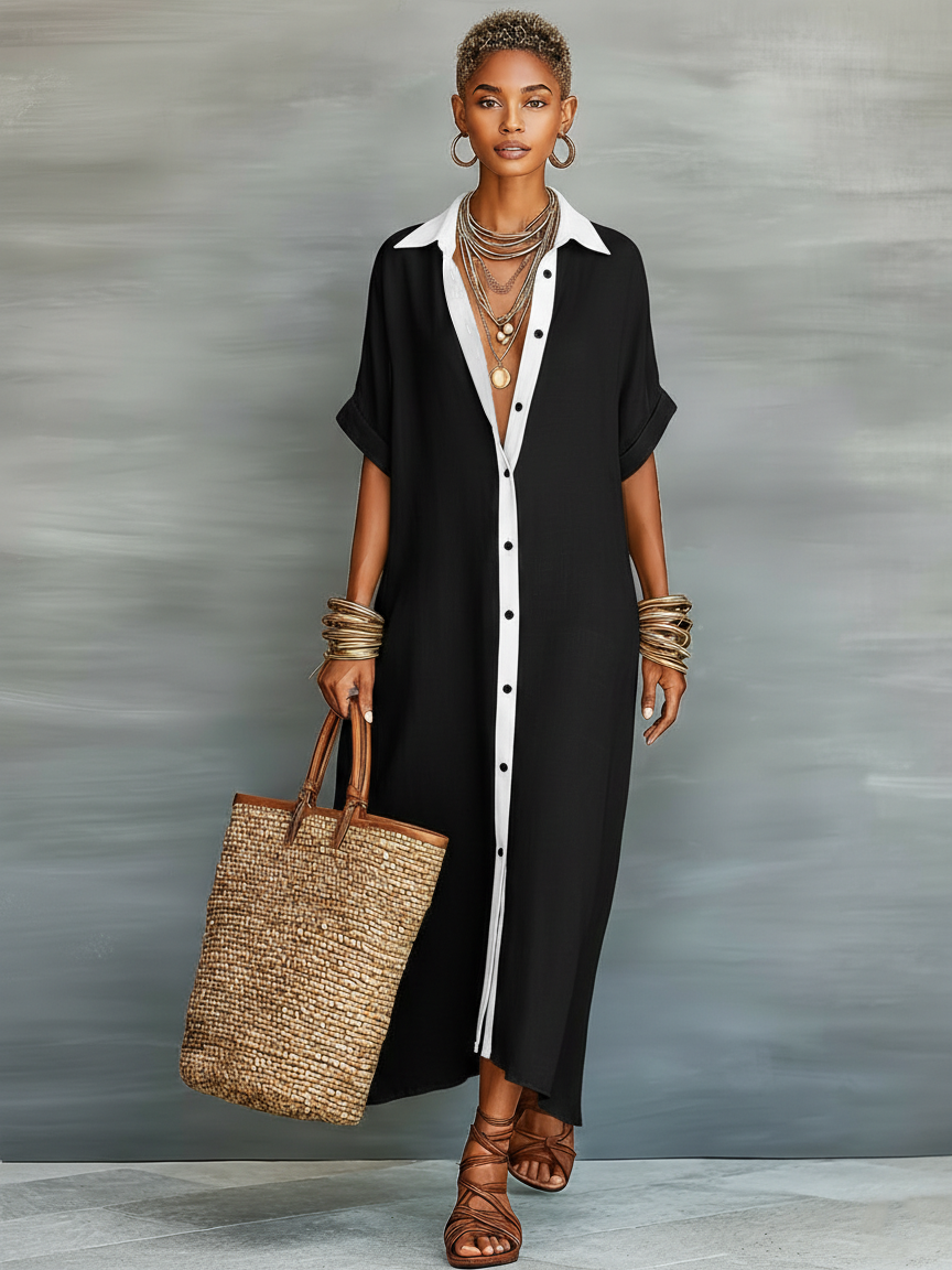 Coline – Robe chemise maxi à manches courtes femme
