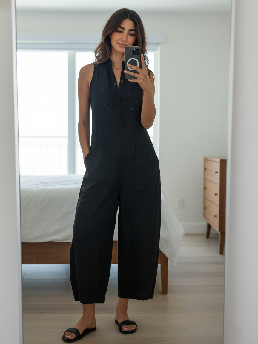 Sixtine – Combinaison en lin sans manches à col montant et boutons femme