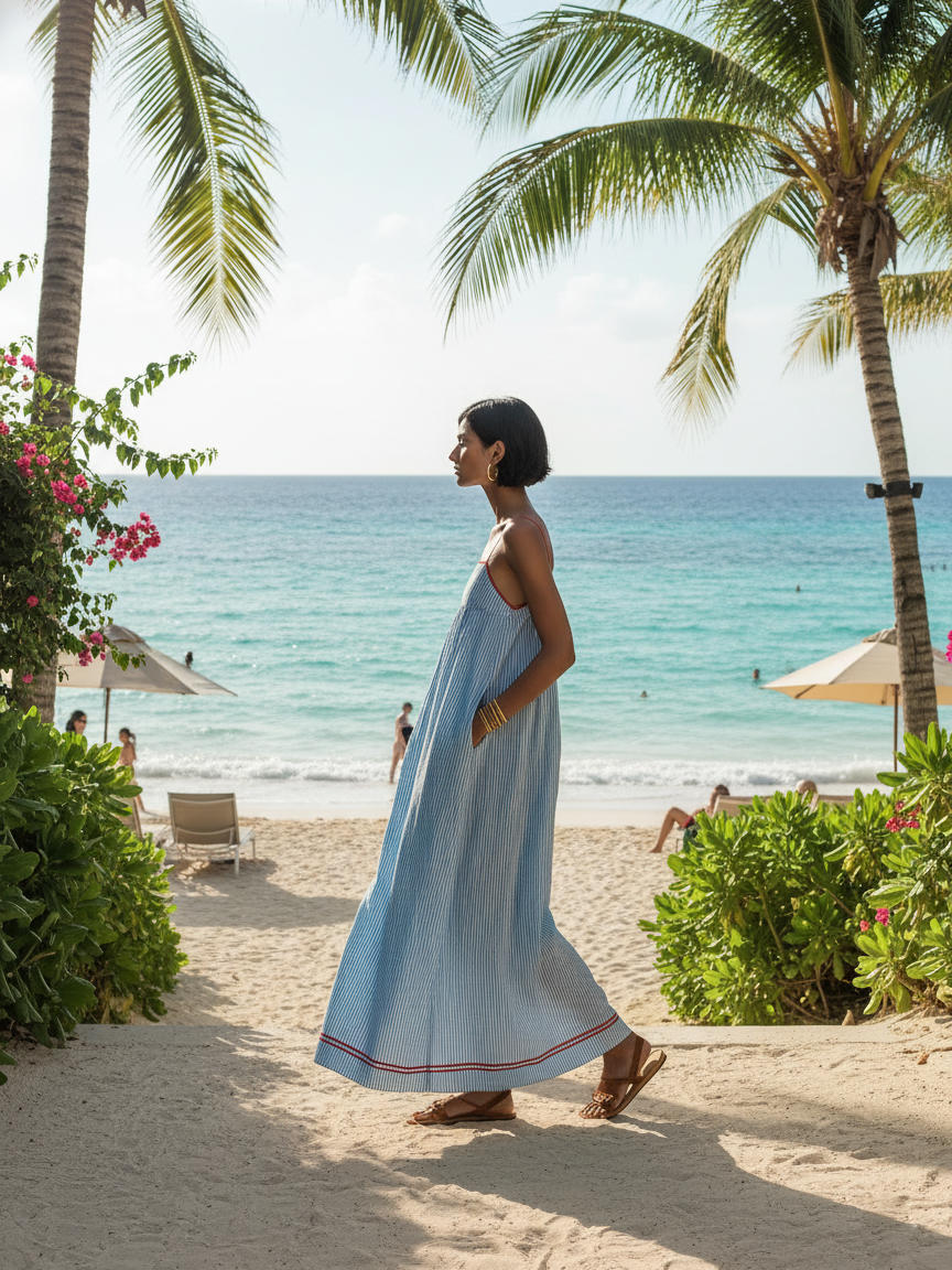 Ophélie – Robe maxi rayée à fines bretelles et liseré femme