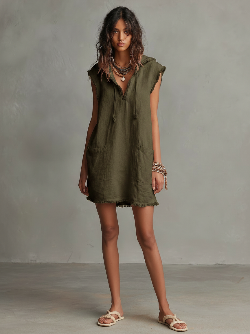 Romane – Robe mini sans manches en lin à capuche femme