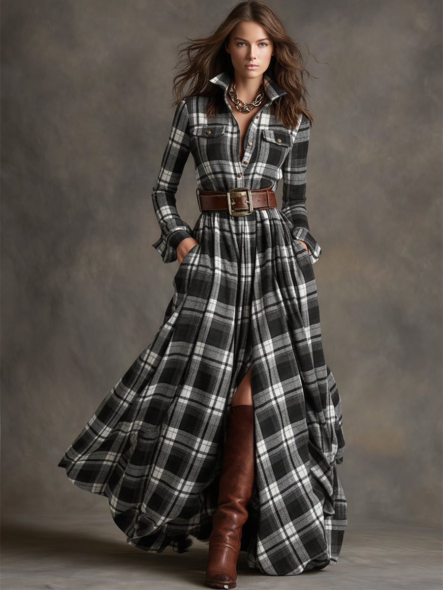 Juliette – Robe longue à carreaux ceinturée de style rétro