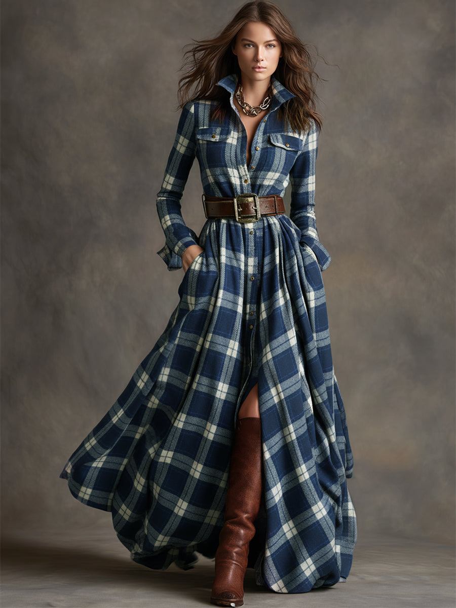 Juliette – Robe longue à carreaux ceinturée de style rétro