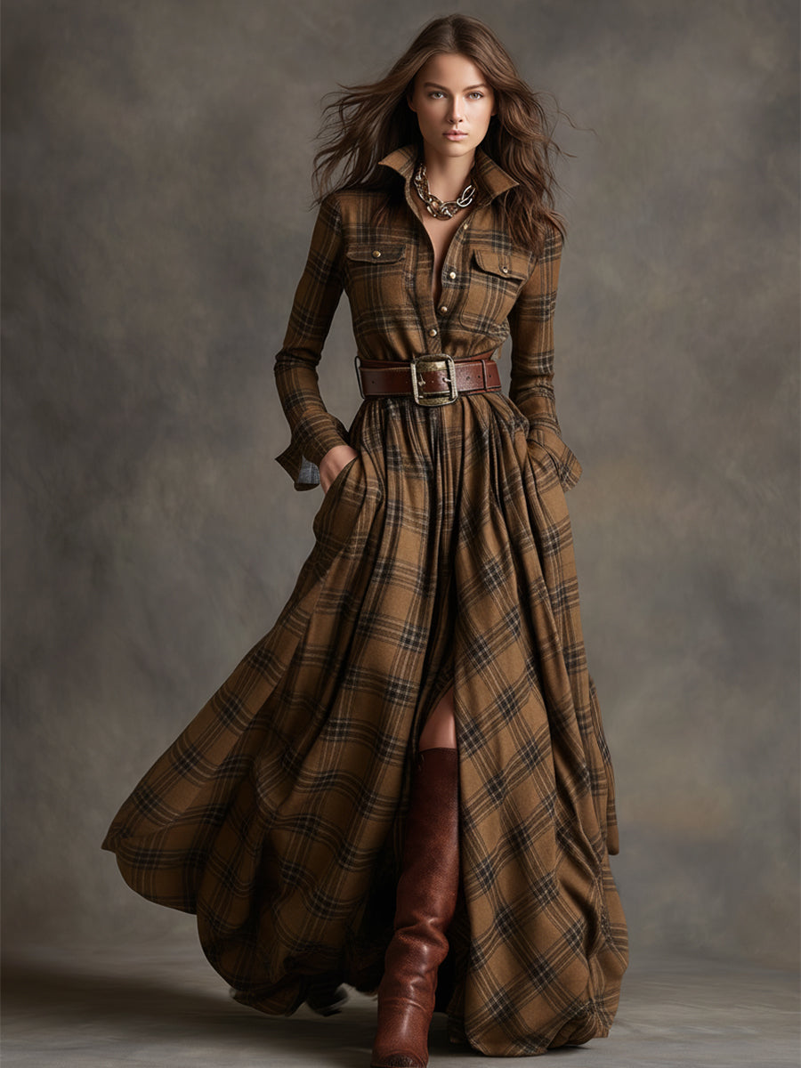Juliette – Robe longue à carreaux ceinturée de style rétro