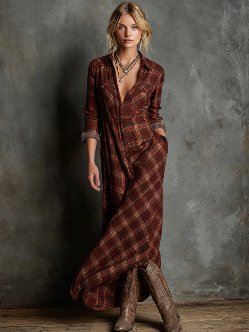 Lucie – Robe chemise maxi à carreaux femme