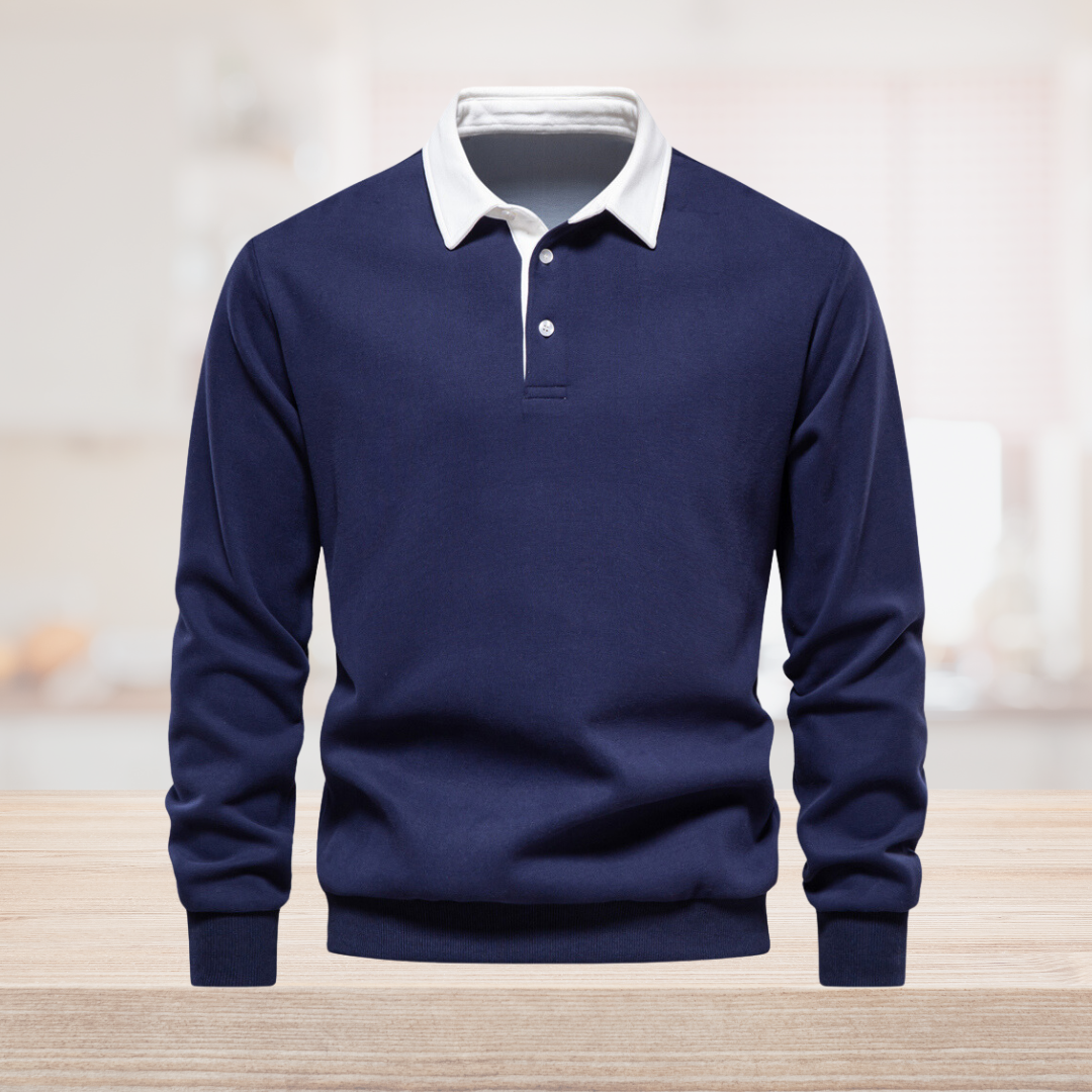 Polo à manches longues pour homme automne élégant respirant en coton avec col contrasté Fabien