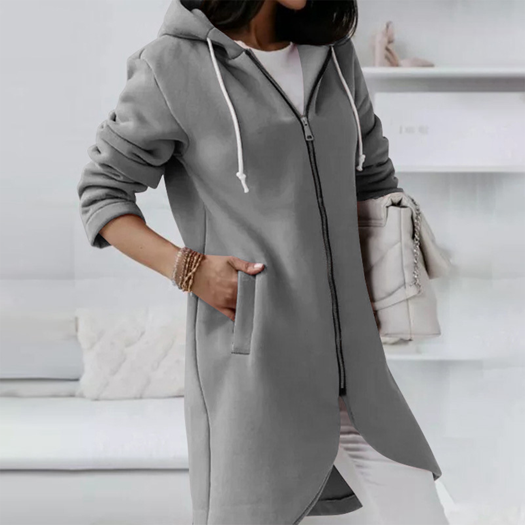 Veste longue pour femmes automne élégante confortable en polyester doux avec capuche Jemma