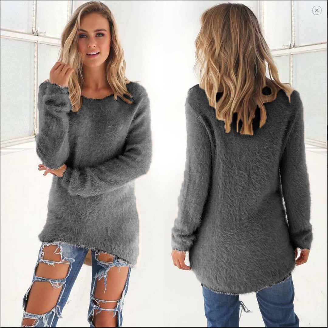 Pull pour femme automne léger duveteux en maille synthétique avec col rond Isaline