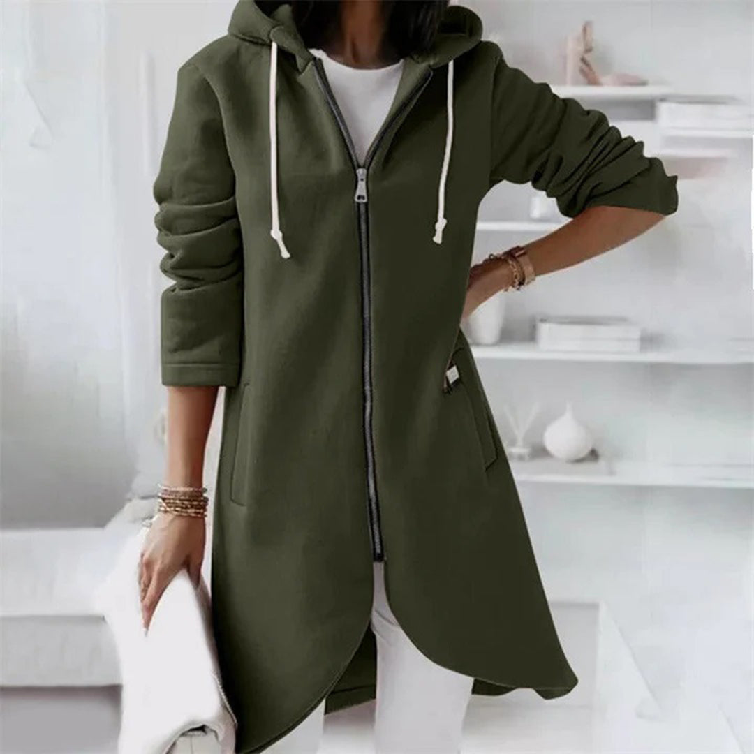 Veste longue pour femmes automne élégante confortable en polyester doux avec capuche Jemma
