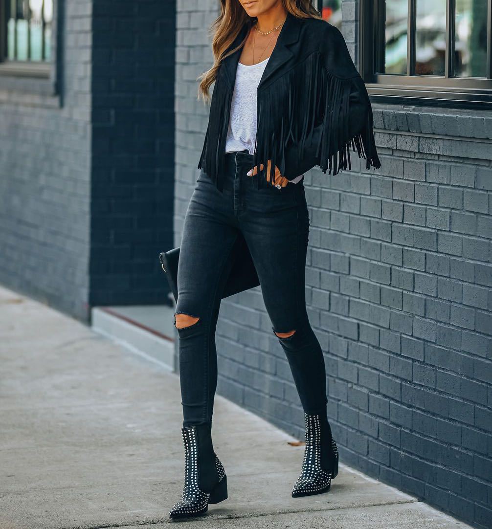 Capucine – Veste courte à franges avec col à revers femme