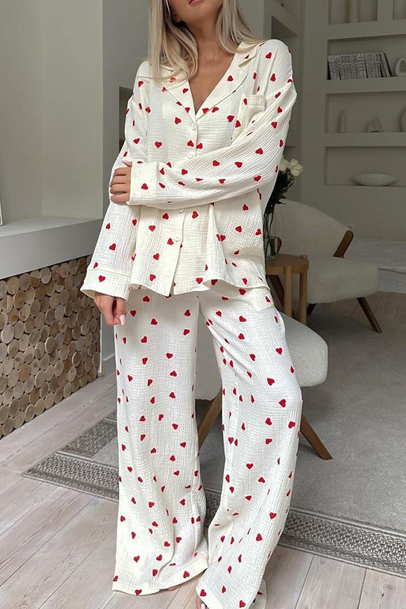 Élodie – Ensemble de pyjama doux à motif cœur pour soirées cocooning femme