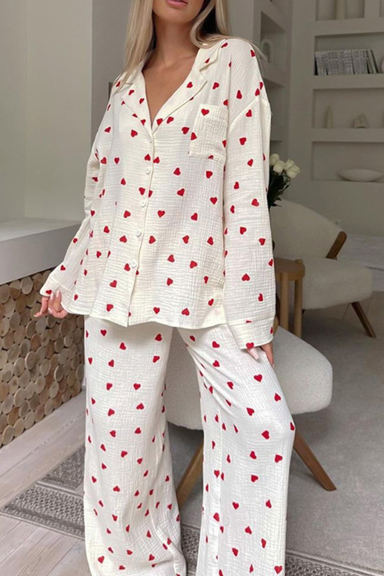 Élodie – Ensemble de pyjama doux à motif cœur pour soirées cocooning femme