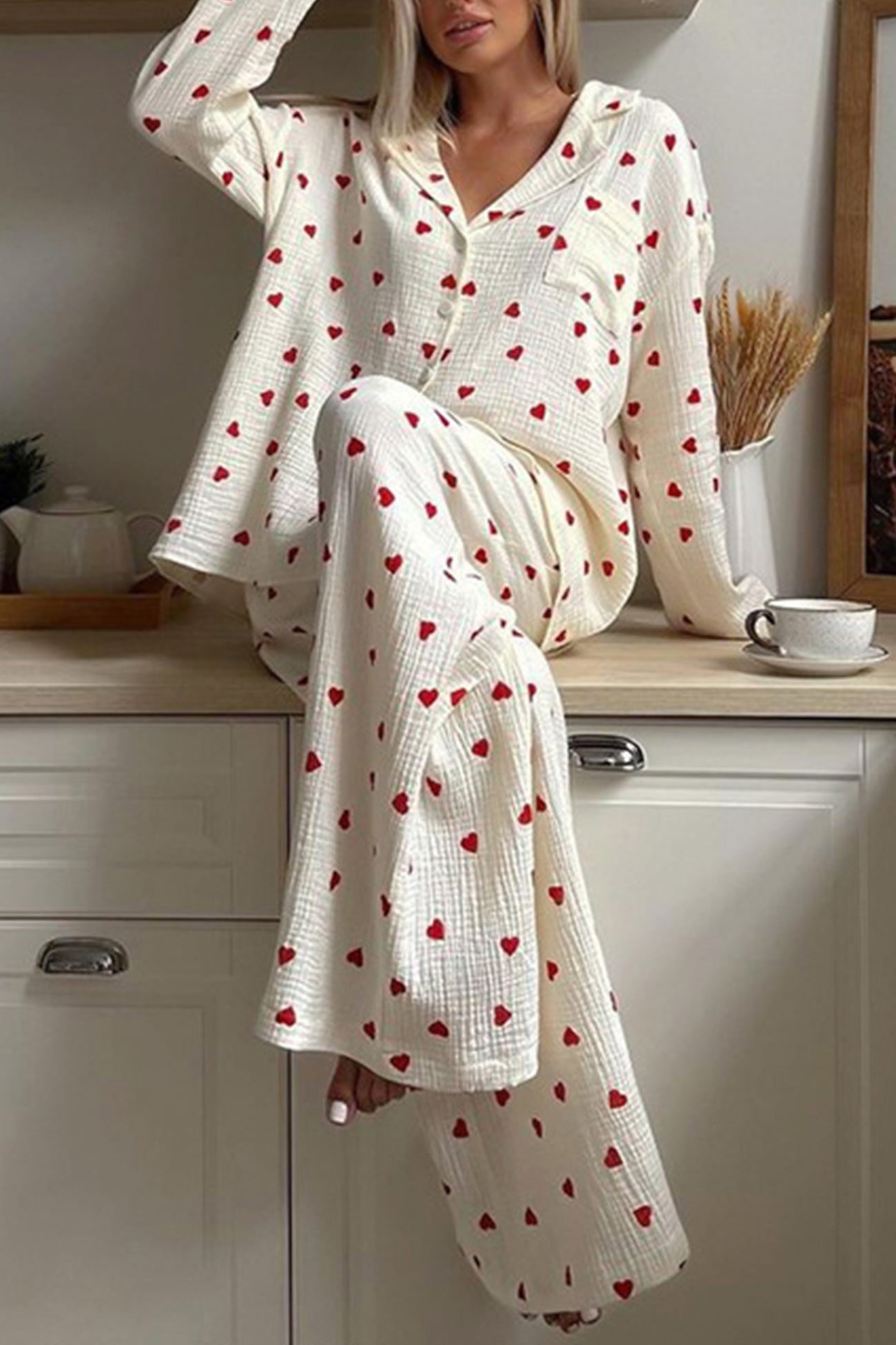 Élodie – Ensemble de pyjama doux à motif cœur pour soirées cocooning femme