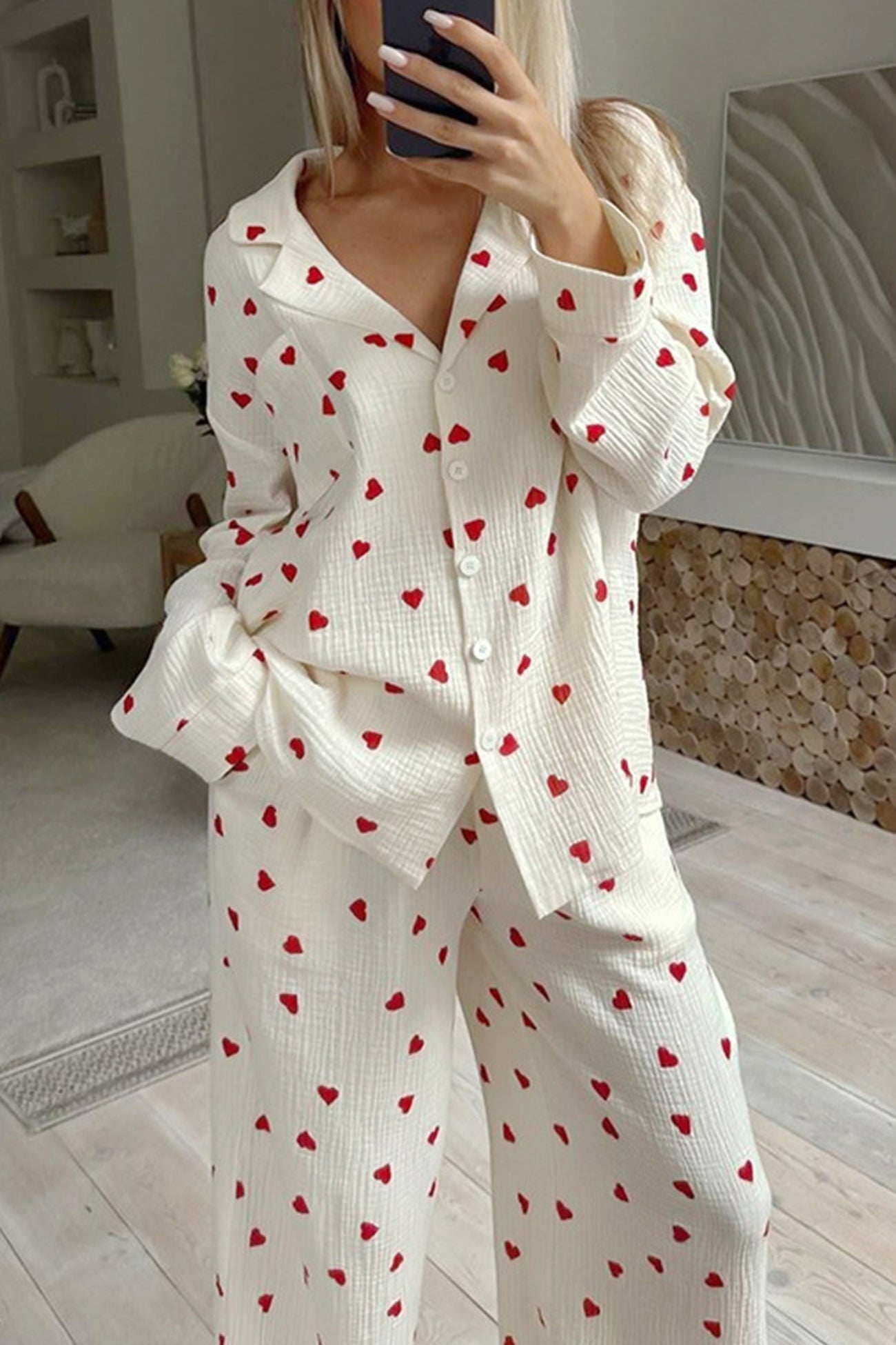 Élodie – Ensemble de pyjama doux à motif cœur pour soirées cocooning femme