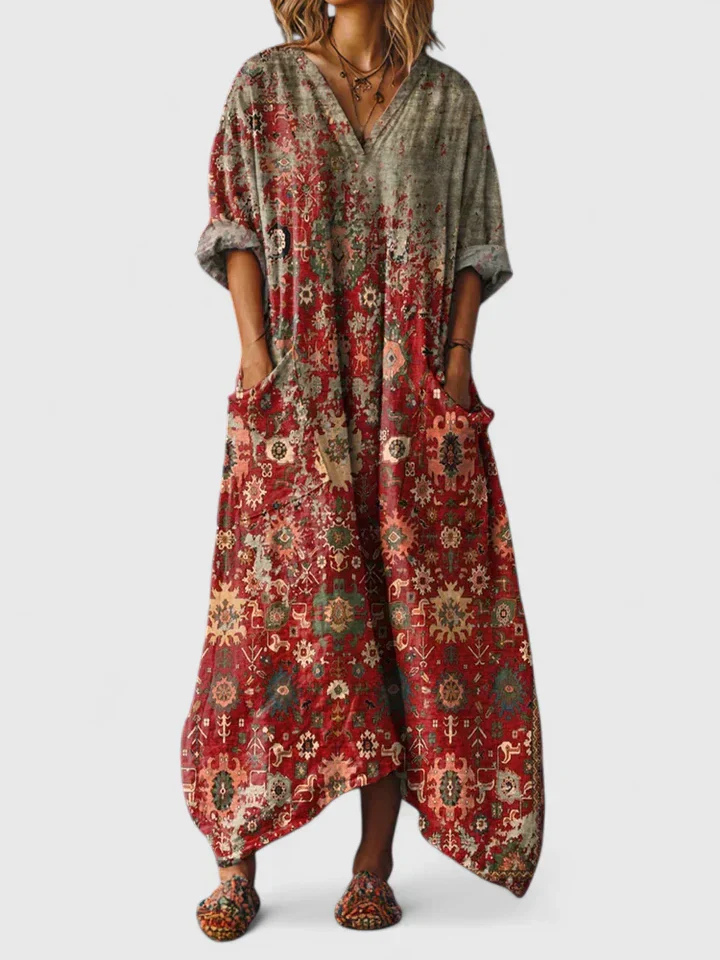 Philippine – Robe maxi en coton à imprimé bohème avec poche avant femme