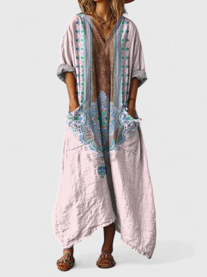 Philippine – Robe maxi en coton à imprimé bohème avec poche avant femme