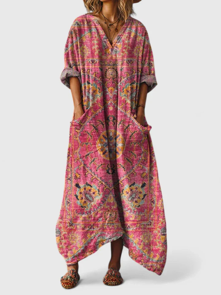 Philippine – Robe maxi en coton à imprimé bohème avec poche avant femme