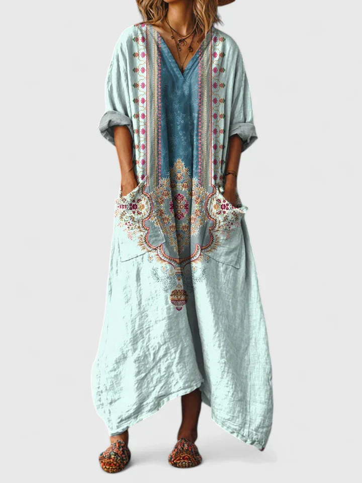 Philippine – Robe maxi en coton à imprimé bohème avec poche avant femme