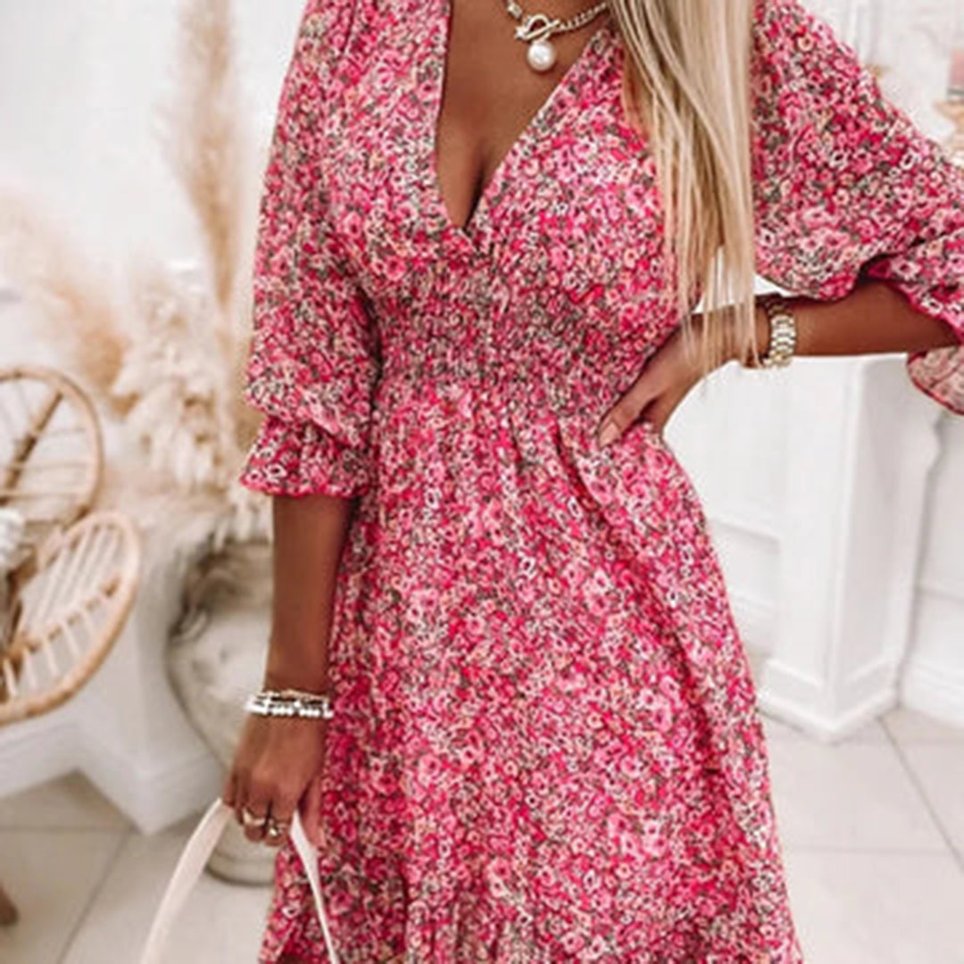 Robe midi d'été à col V et manches courtes – élégance fraîche pour les journées ensoleillées