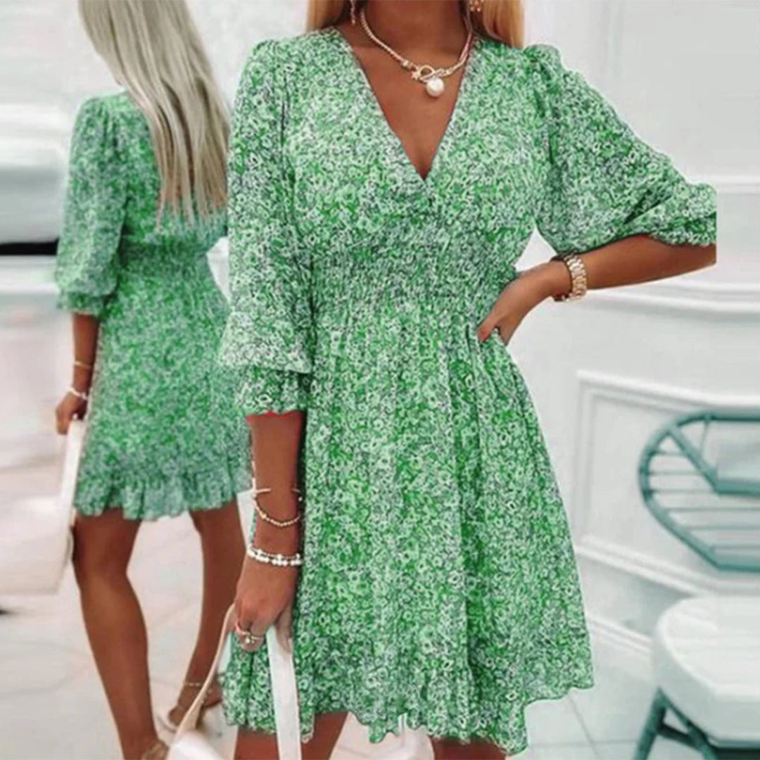 Robe midi d'été à col V et manches courtes – élégance fraîche pour les journées ensoleillées