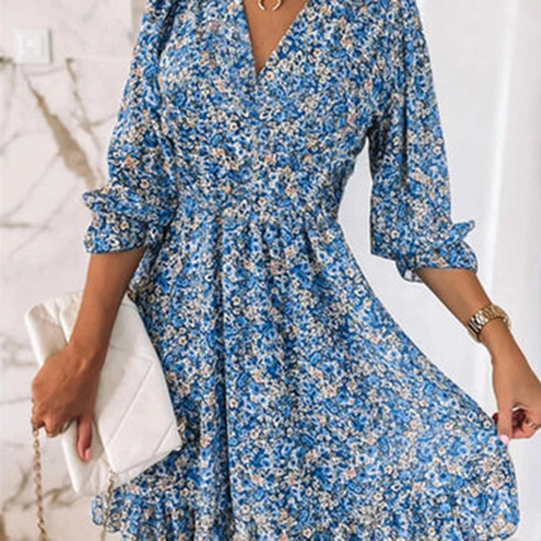 Robe midi d'été à col V et manches courtes – élégance fraîche pour les journées ensoleillées