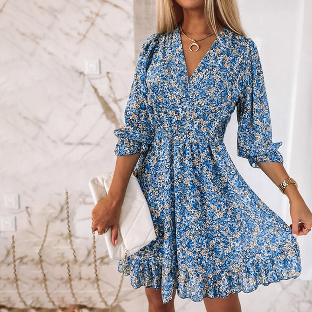 Robe midi d'été à col V et manches courtes – élégance fraîche pour les journées ensoleillées