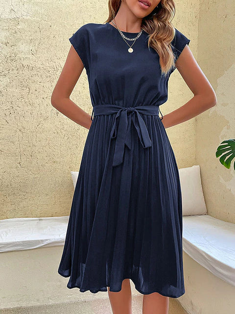Léna – Robe midi plissée à manches courtes femme