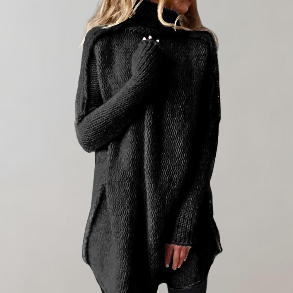 Pull long en maille épaisse pour femme automne à col montant à coupe ample Johani