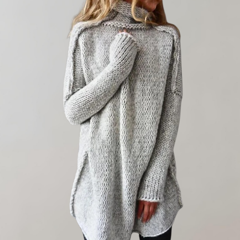 Pull long en maille épaisse pour femme automne à col montant à coupe ample Johani