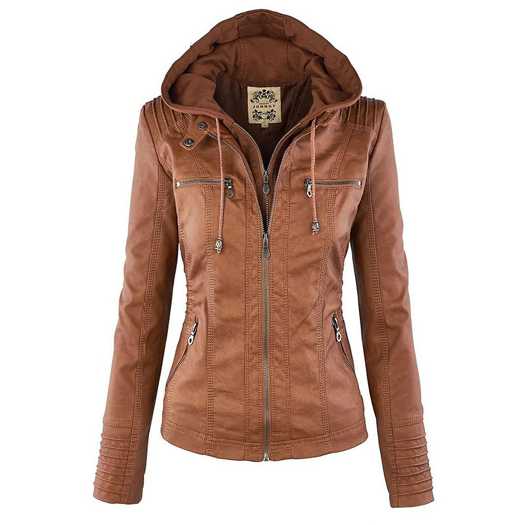 Veste en similicuir pour femme automne zippée avec capuche amovible à coupe cintrée Alina