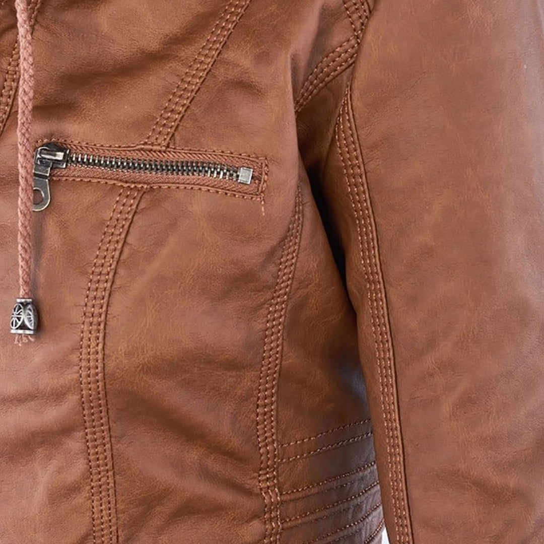 Veste en similicuir pour femme automne zippée avec capuche amovible à coupe cintrée Alina